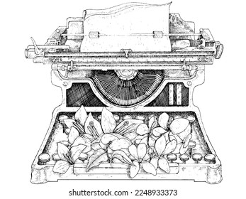 vector illustration of a typewriter and some flowers