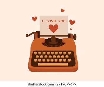 Vector illustration of a typewriter. Valentine's Day greeting. Retro object. Type text. Cartoon retro print.