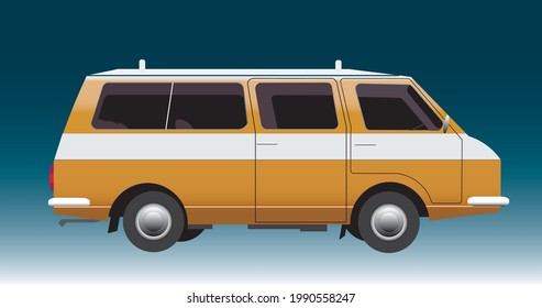 vector illustration of typical 1970-1980 former Soviet mini van usually manufactured in Latvia, side view.  side profile vector illustration of a classic orange and white minivan