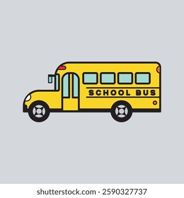 Vector illustration of a typical American school bus colored bright yellow with thick black lines.