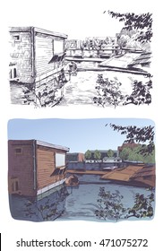 Vector illustration of typical Amsterdam boat house.