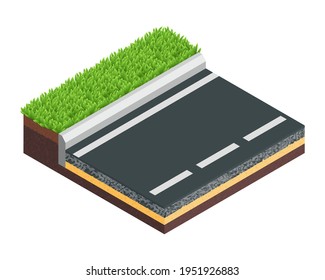 Vector illustration typical asphalt road structure isolated on white background. Realistic cross section road structure diagram in flat cartoon style. Isometric scheme of asphalt paving technology.