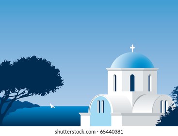 vector Illustration of a typical Greek church or chapel close to the Mediterranean sea svg