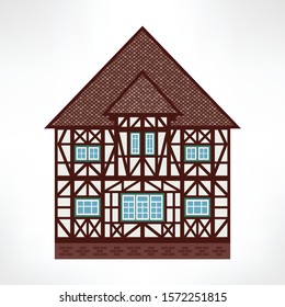 Vector illustration of typical half-timbered house, Rouen, France, front view. Timber framing architecture element. Example  of rural architecture of France and Germany.