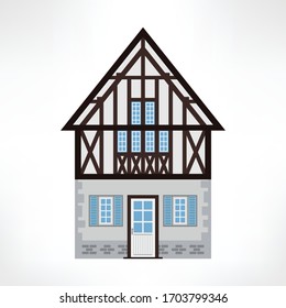 Vector illustration of typical half-timbered house, Rouen, France, front view. Timber framing architecture element. Example  of rural architecture of France and Germany.