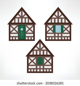 Vector illustration of typical half-timbered house, Rouen, France, front and back view with window and door. Timber framing architecture element. Example  of rural architecture of France and Germany.