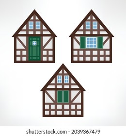 Vector illustration of typical half-timbered house, Rouen, France, front and back view with window and door. Timber framing architecture element. Example  of rural architecture of France and Germany.