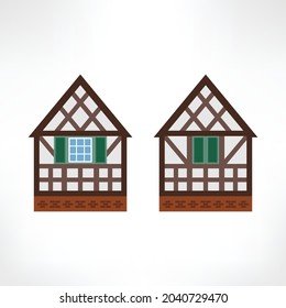 Vector illustration of typical half-timbered house, Rouen, France, front and back view with window. Timber framing architecture element. Example  of rural architecture of France and Germany.