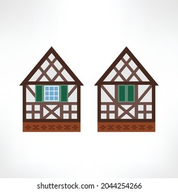 Vector illustration of typical half-timbered house, Rouen, France, front and back view with window. Timber framing architecture element. Example  of rural architecture of France and Germany.
