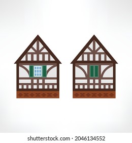 Vector illustration of typical half-timbered house, Rouen, France, front view with windows. Timber framing architecture element. Example  of rural architecture of France and Germany.