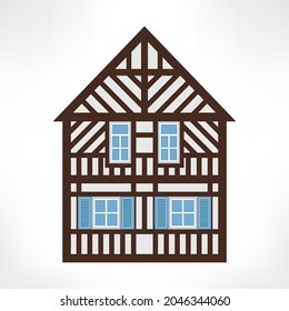 Vector illustration of typical half-timbered house, Rouen, France, front view with windows. Timber framing architecture element. Example  of rural architecture of France and Germany.