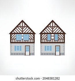 Vector illustration of typical half-timbered house, Rouen, France, front view with windows. Timber framing architecture element. Example  of rural architecture of France and Germany.