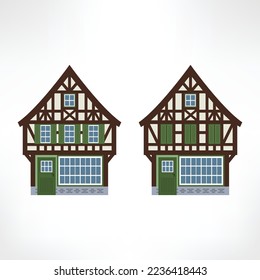 Vector illustration of typical half-timbered house, Europe, front view. Windows opened and closed. Timber framing architecture element. Example  of rural architecture of France and Germany.