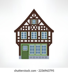 Vector illustration of typical half-timbered house, Europe, front view. Timber framing architecture element. Example  of rural architecture of France and Germany.