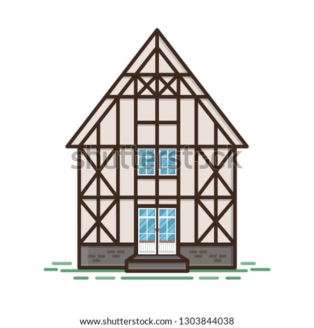 Vector illustration of typical half-timbered house, Rouen, France. Timber framing architecture element. Example  of rural architecture of France and Germany.