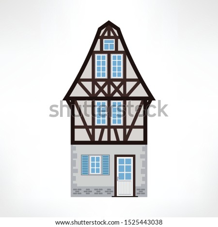 Vector illustration of typical half-timbered house, Rouen, France. Timber framing architecture element. Example  of rural architecture of France and Germany.