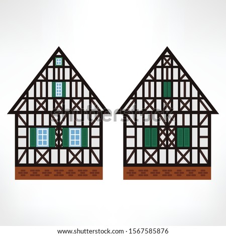Vector illustration of typical half-timbered house, Rouen, France, front and back view. Timber framing architecture element. Example  of rural architecture of France and Germany.