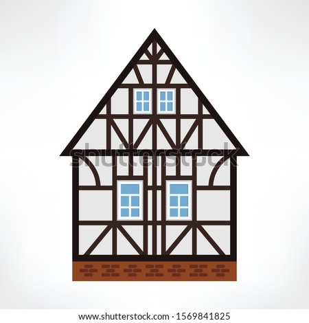 Vector illustration of typical half-timbered house, Rouen, France, front view. Timber framing architecture element. Example  of rural architecture of France and Germany.