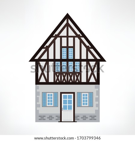 Vector illustration of typical half-timbered house, Rouen, France, front view. Timber framing architecture element. Example  of rural architecture of France and Germany.