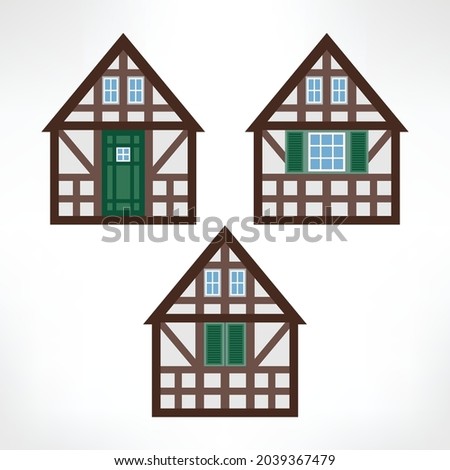 Vector illustration of typical half-timbered house, Rouen, France, front and back view with window and door. Timber framing architecture element. Example  of rural architecture of France and Germany.