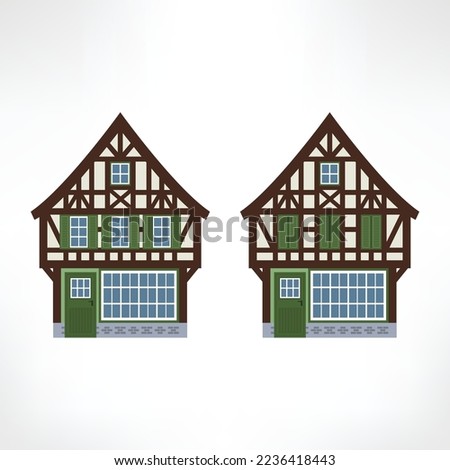 Vector illustration of typical half-timbered house, Europe, front view. Windows opened and closed. Timber framing architecture element. Example  of rural architecture of France and Germany.
