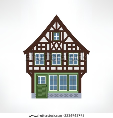 Vector illustration of typical half-timbered house, Europe, front view. Timber framing architecture element. Example  of rural architecture of France and Germany.