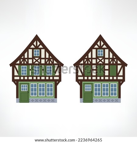 Vector illustration of typical half-timbered house, Europe, front view. Windows opened and closed. Timber framing architecture element. Example  of rural architecture of France and Germany.