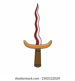 vector illustration of a typical Indonesian weapon icon from Java called the Keris with red and white colors and a golden brown handle. has characteristic body curves