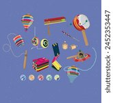 Vector illustration of typical Mexican toys. Mexican tradition. yoyo, balero, wooden toys, Handmade Mexican toys, trompo, yoyo, matraca, canicas