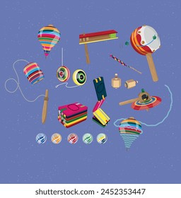 Vector illustration of typical Mexican toys. Mexican tradition. yoyo, balero, wooden toys, Handmade Mexican toys, trompo, yoyo, matraca, canicas