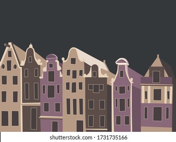 Ilustración vectorial de las vistas típicas de las ciudades neerlandesas o belgas. Diferentes casas de estilo antiguo con fachadas de ladrillo. Fondo gris oscuro, orientación horizontal