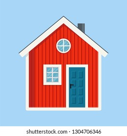 Vector illustration of typical Norwegian wooden house. Red rural house with a door, flue and windows. Log house icon. Architecture element of Norway. Example of Scandinavian rural architecture.