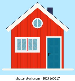 Vector illustration of typical Norwegian wooden house. Red rural house with a flue and windows. Log house icon. Architecture element of Norway.