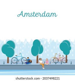 Vector illustration. A typical summer pastime for Amsterdam city residents. Young girls and a guy are sitting by the canal, next to the bicycles