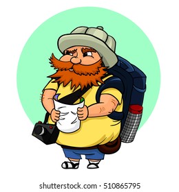 Vector illustration of typical tourist with map, camera and with a big backpack. A red-haired man in a tourist hat, searching some landmark