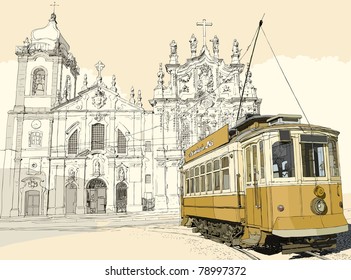 Vector illustration of a typical tramway in front of the church Carmo in Porto - Portugal