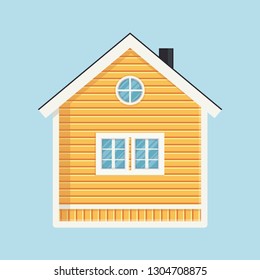 Vector illustration of typical wooden house. Yellow rural house with flue, windows, door. Log house icon. Architecture element of Norway. Example of Scandinavian rural architecture.