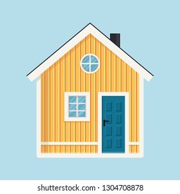 Vector illustration of typical wooden house. Yellow rural house with flue, windows, door. Log house icon. Architecture element of Norway. Example of Scandinavian rural architecture.