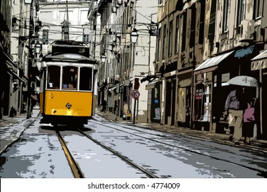 Vector illustration of a typical yellow tram in Lisbon downtown - Portugal