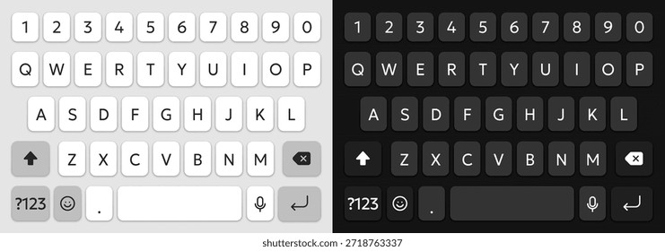 Ilustração vetorial do teclado de digitação para telefone celular em cores de tema claro e escuro. Modelo ou maquete de IU realista para aplicativo móvel moderno