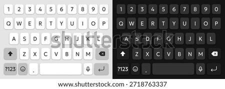 Vector illustration of typing keyboard for mobile phone in light and dark theme colors. Realistic UI mockup or template for modern mobile app
