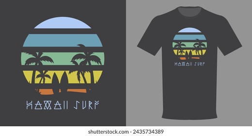 Vector illustration typographic print of HAWAII SURF T-shirt, Palm trees, surfboard and palm trees. Paradise Island