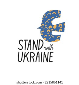 Vector illustration typography composition - stand with Ukraine with bird in contemporary style colored Ukrainian national colors