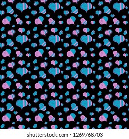 Vector illustration. Typography lettering poster. Valentines Day. Elements on black, blue and neutral colors. Seamless Hearts pattern. Pattern for wrapping, cover.