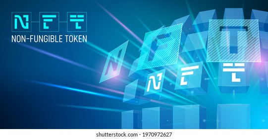Vector illustration with typography NFT on blue background 3D cubes. Concept of non-fungible tokens, unique digital items for crypto art, gaming, collectible, blockchain technology for infographics.