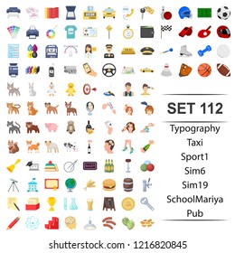 Vector illustration of typography, taxi, sport, school pub icon set.