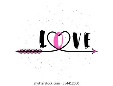 Vector illustration of typography word sign LOVE, heart, arrow isolated on white background in Memphis style for Valentines day greeting print