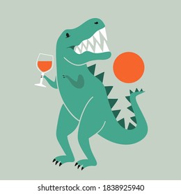 Vector illustration with tyrannosaurus dinosaur holding glass of red wine. Party flyer template design, bar wall decoration poster, wine lover apparel print