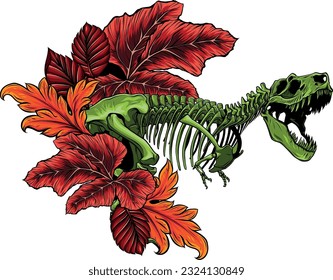 vector illustration of Tyrannosaurus Rex dinosaur skeleton with leaves