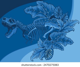 vector illustration of Tyrannosaurus Rex dinosaur skeleton with leaves